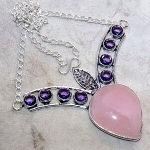 Rose Quartz, Amethyst Gemstones 925 Sterling Silver Handmade Necklace
